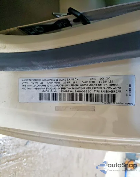 2010 Volkswagen New Beetle z USA, uszkodzony, nr VIN 3VWRG3AL3AM005590